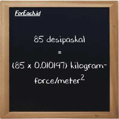 Cara konversi desipaskal ke kilogram-force/meter<sup>2</sup> (dPa ke kgf/m<sup>2</sup>): 85 desipaskal (dPa) setara dengan 85 dikalikan dengan 0.010197 kilogram-force/meter<sup>2</sup> (kgf/m<sup>2</sup>)
